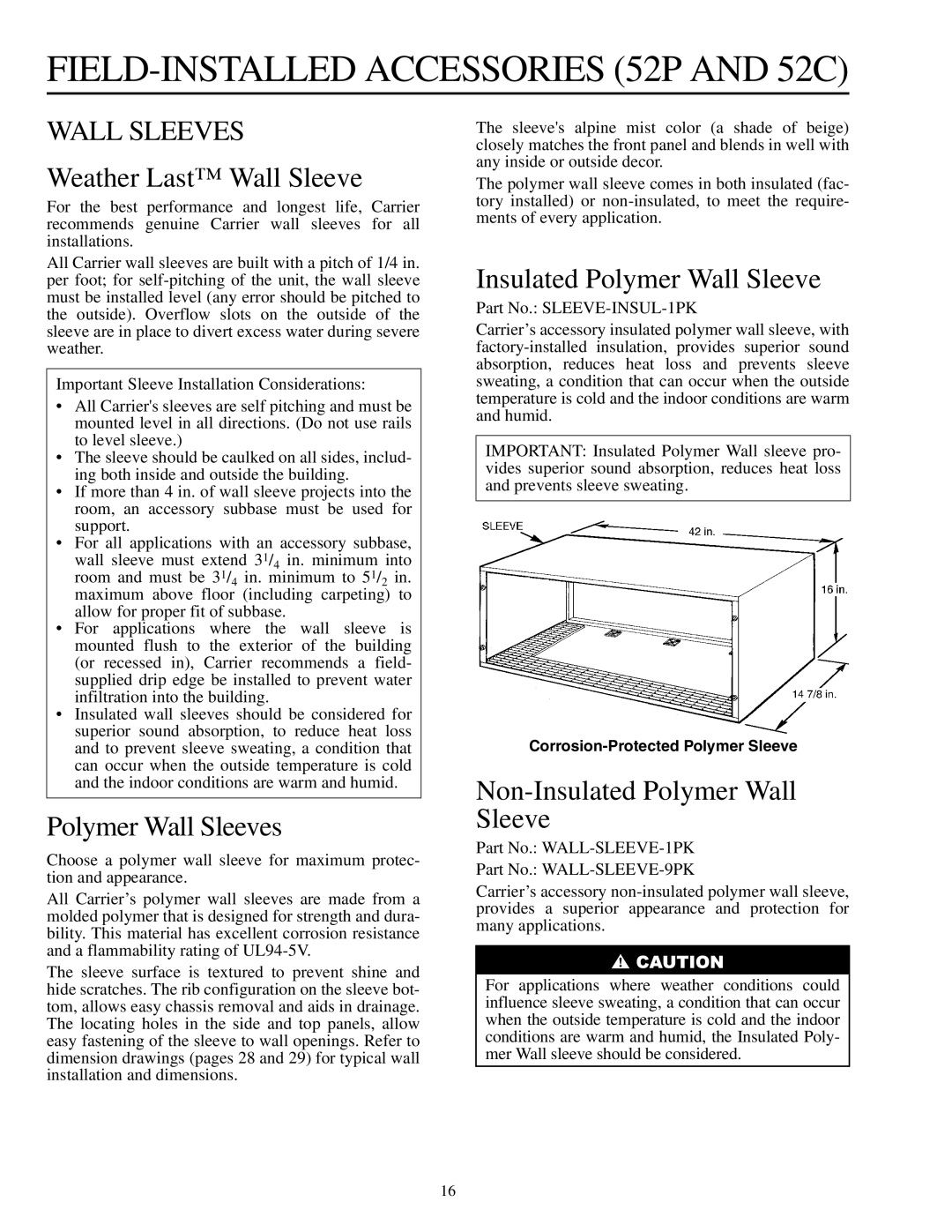 Carrier 592-085 warranty FIELD-INSTALLED Accessories 52P and 52C, Wall Sleeves 