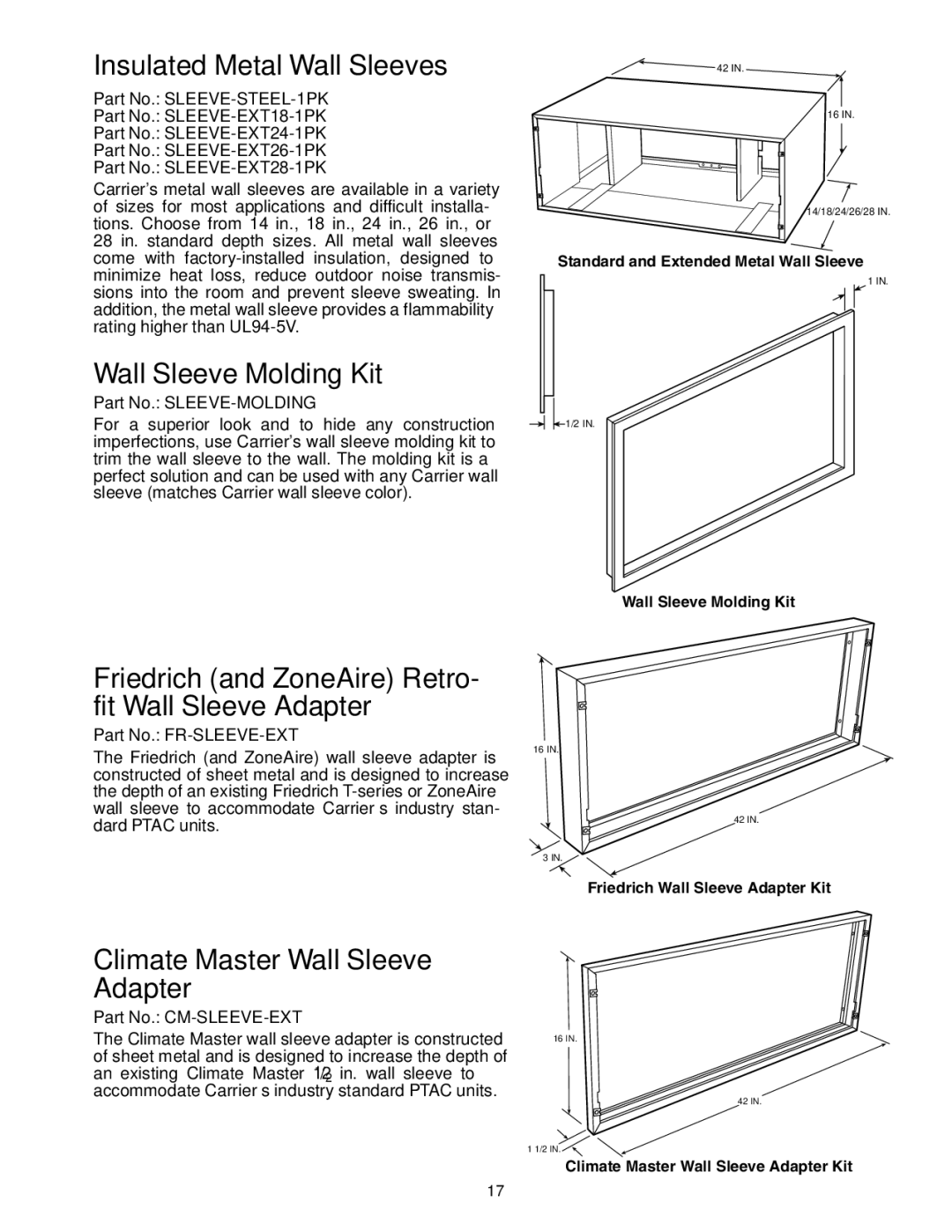 Carrier 592-085 warranty Insulated Metal Wall Sleeves, Wall Sleeve Molding Kit, Climate Master Wall Sleeve Adapter 