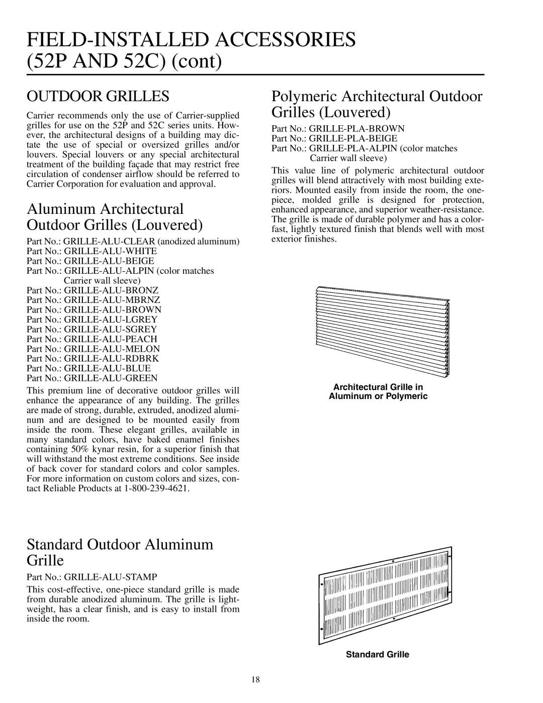 Carrier 592-085 warranty FIELD-INSTALLED Accessories 52P and 52C, Aluminum Architectural Outdoor Grilles Louvered 