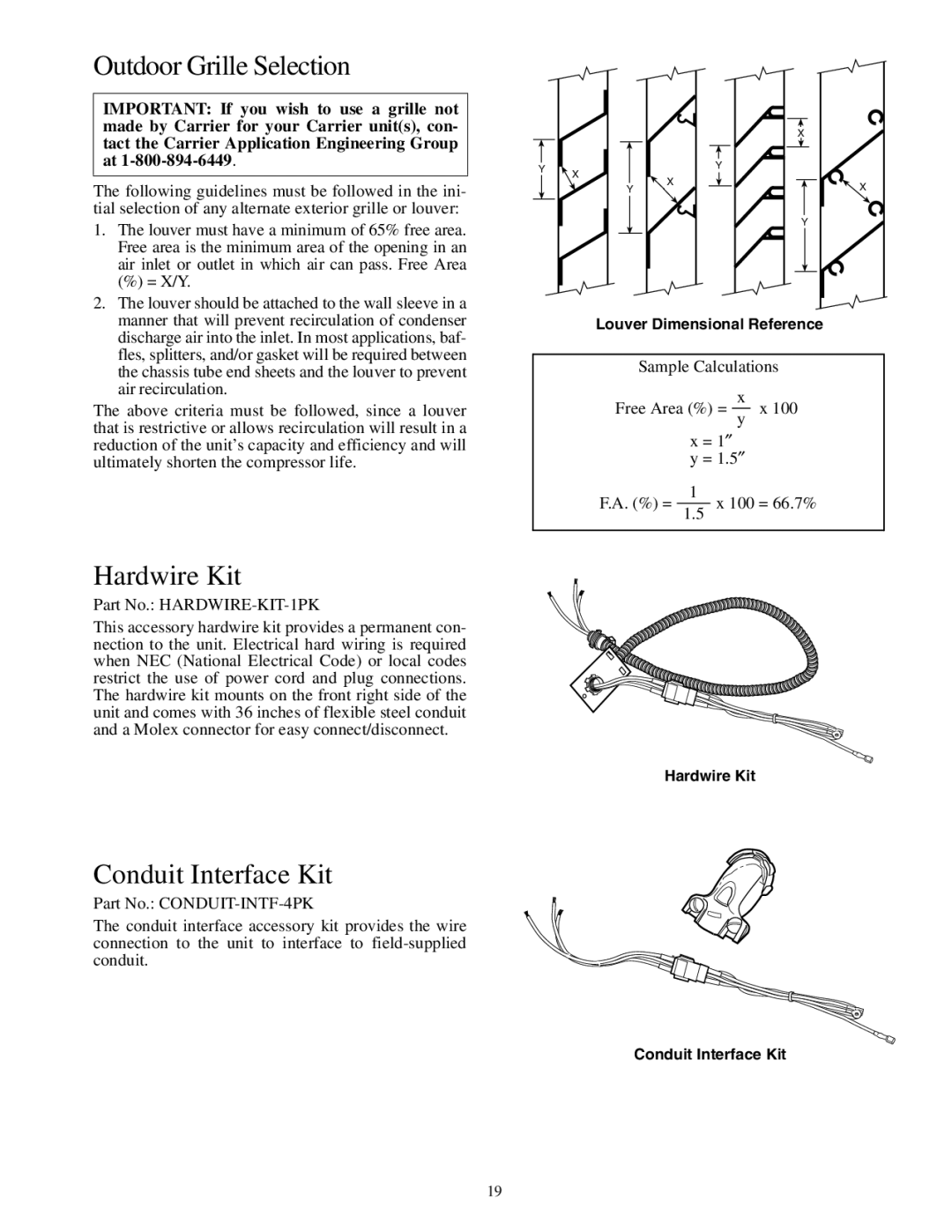 Carrier 592-085 warranty Outdoor Grille Selection, Hardwire Kit, Conduit Interface Kit 