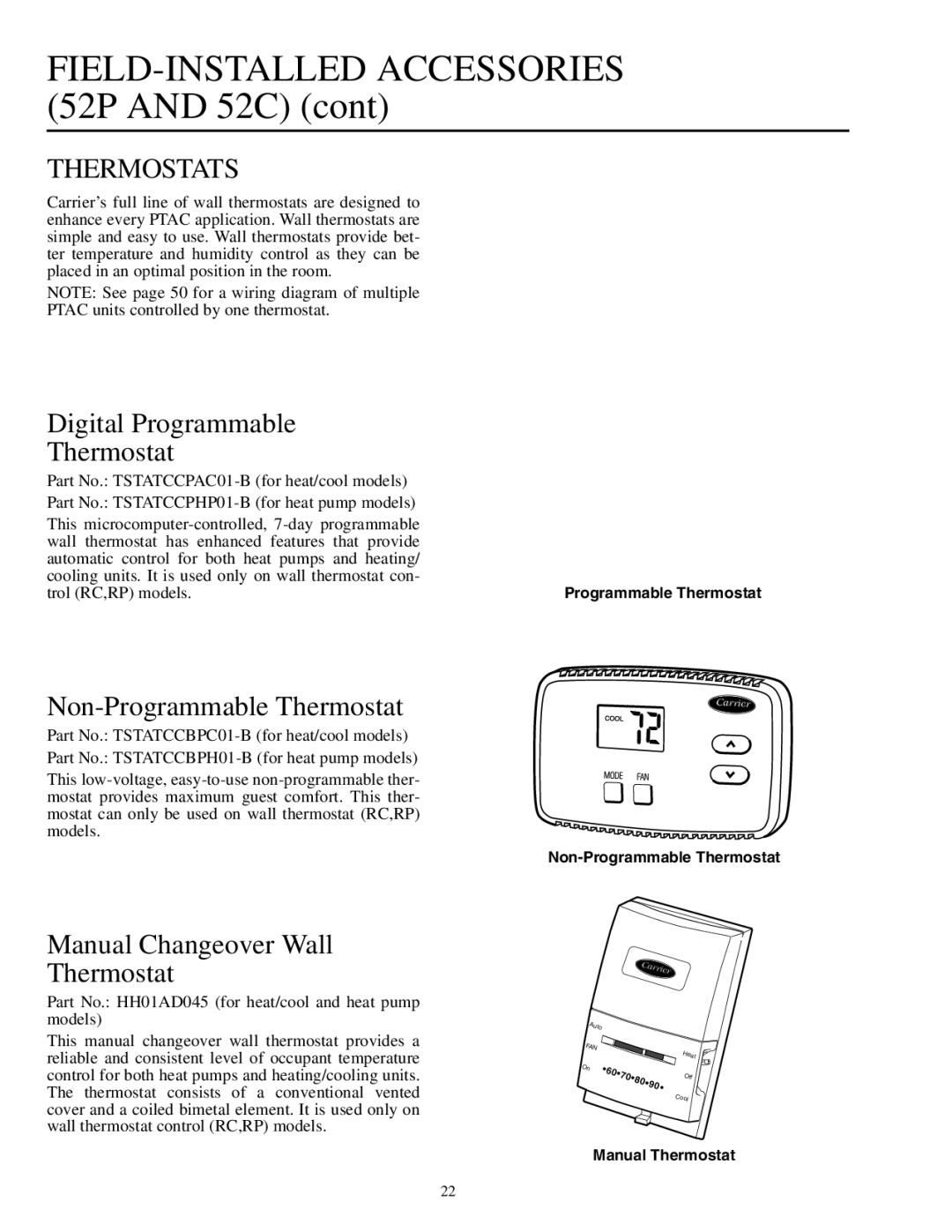 Carrier 592-085 warranty Thermostats, Digital Programmable Thermostat, Non-Programmable Thermostat 