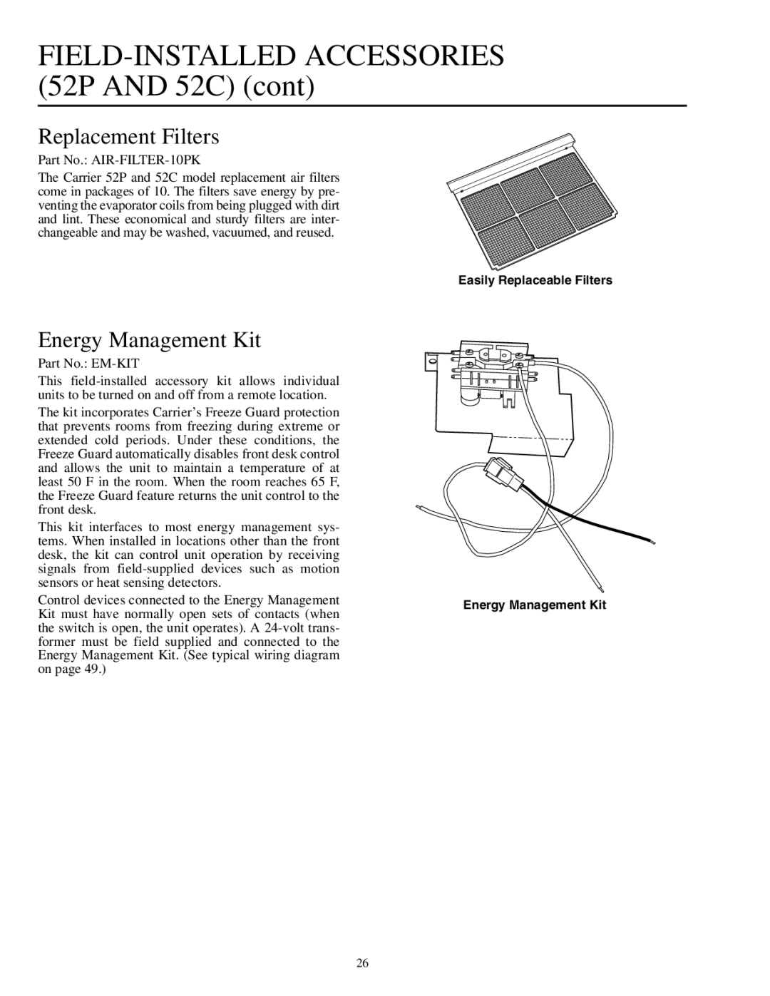 Carrier 592-085 warranty Replacement Filters, Energy Management Kit 