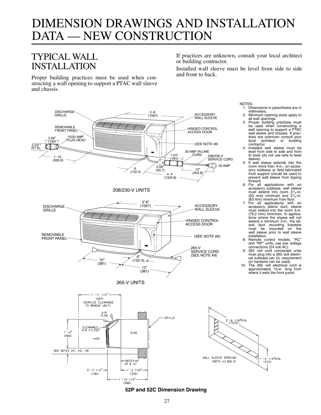 Carrier 592-085 Dimension Drawings and Installation Data NEW Construction, Typical Wall Installation, 208/230-V Units 