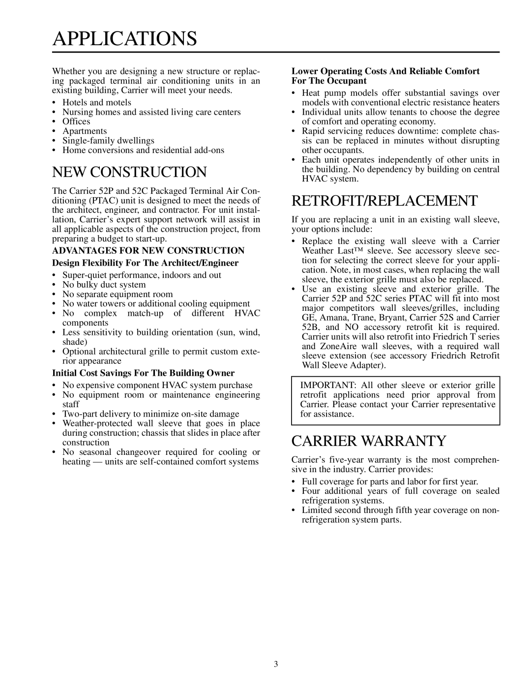 Carrier 592-085 warranty Applications, NEW Construction, Retrofit/Replacement, Carrier Warranty 