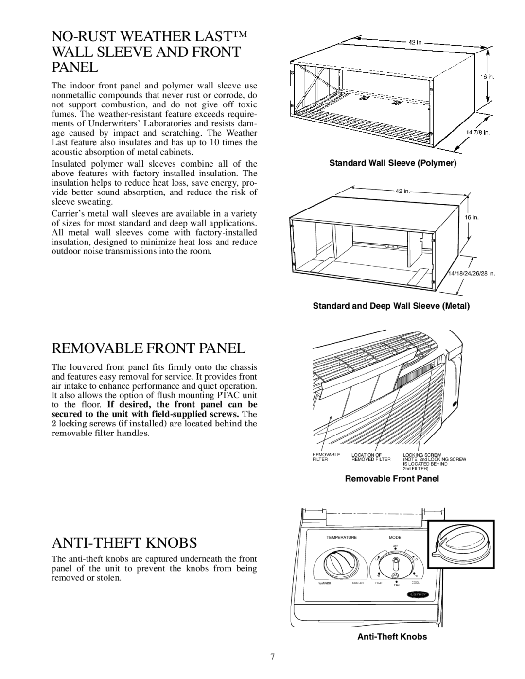 Carrier 592-085 warranty NO-RUST Weather Last Wall Sleeve and Front Panel, Removable Front Panel, ANTI-THEFT Knobs 