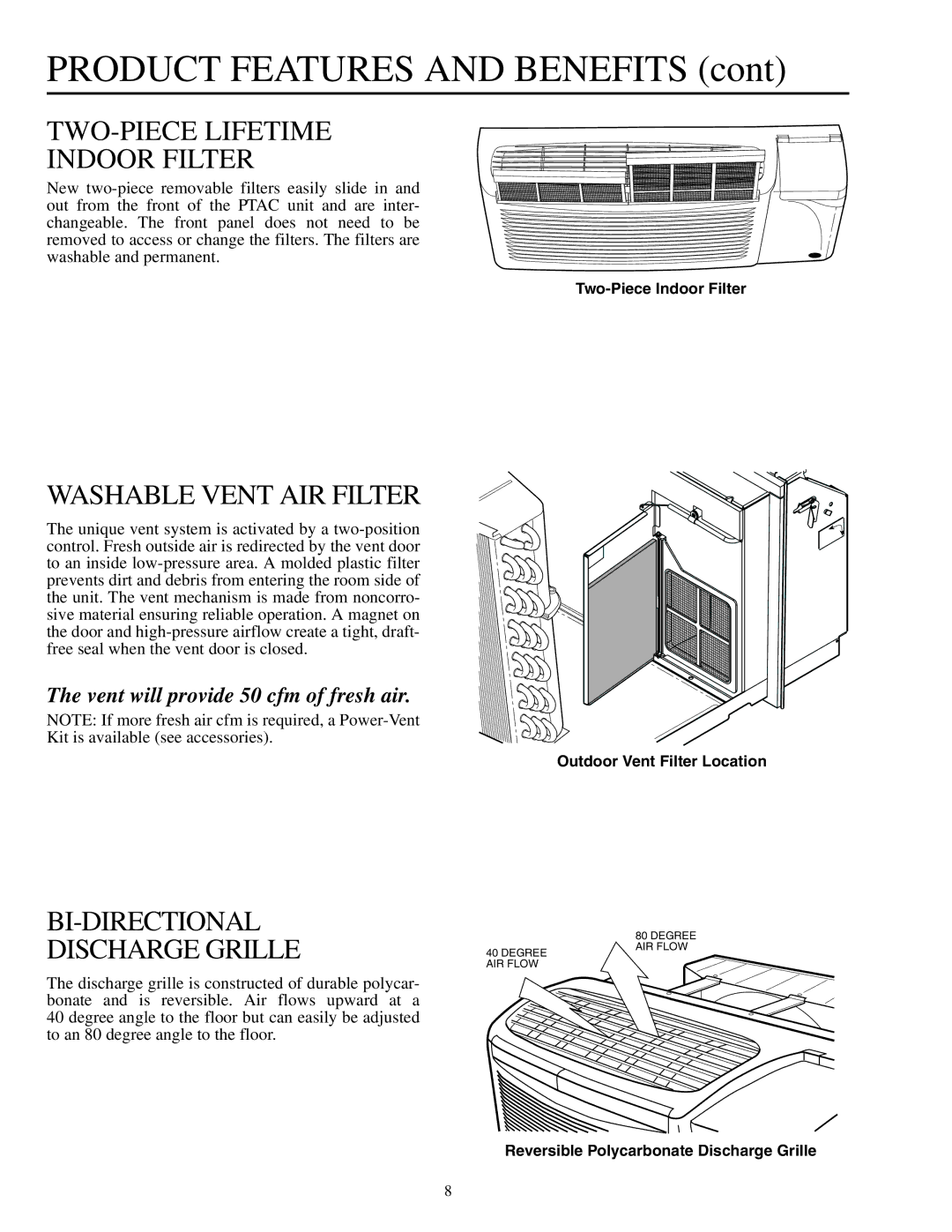 Carrier 592-085 warranty Product Features and Benefits, TWO-PIECE Lifetime Indoor Filter, Washable Vent AIR Filter 