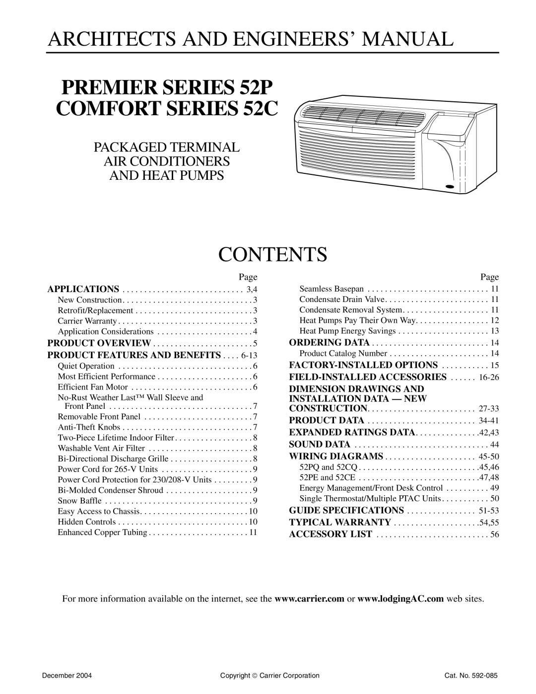 Carrier 592-085 warranty Architects And Engineers’ Manual, Contents, Packaged Terminal Air Conditioners And Heat Pumps 