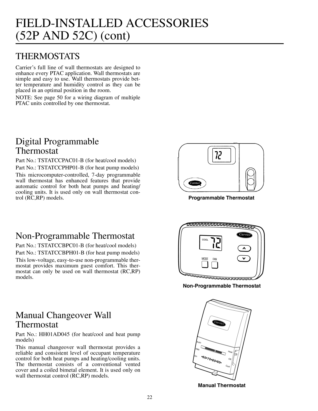 Carrier 592-085 warranty Thermostats, Digital Programmable Thermostat, Non-ProgrammableThermostat, trol RC,RP models 