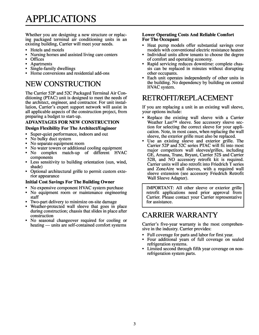 Carrier 592-085 warranty Applications, New Construction, Retrofit/Replacement, Carrier Warranty 