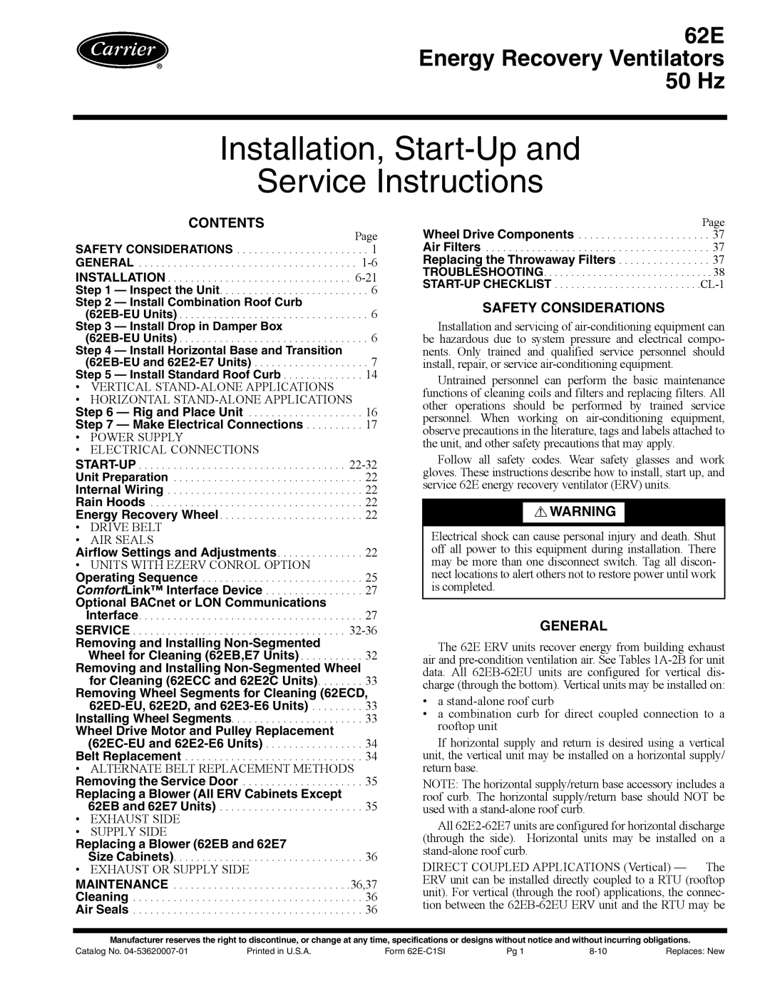 Carrier 62E specifications Contents, Safety Considerations, General 