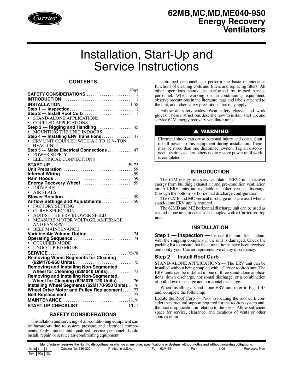 Carrier 62MC, 62ME, 62MD, 62MB specifications Installation, Start-Up Service Instructions 