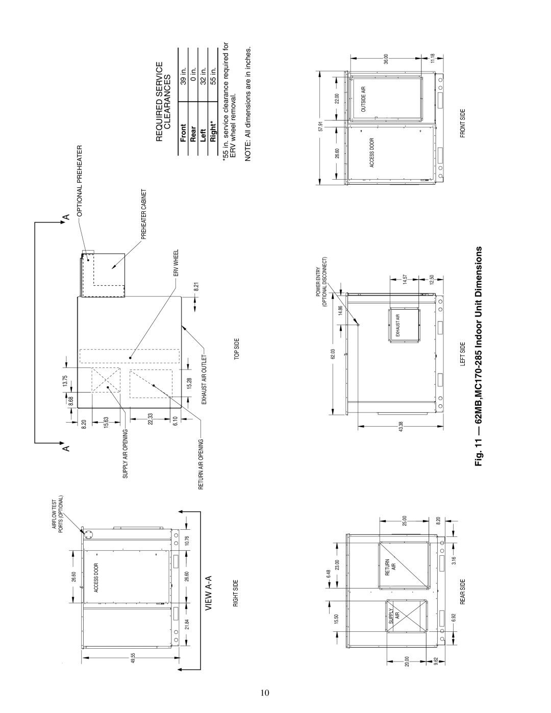 Carrier 62MD, 62ME, 62MC, 62MB specifications View A-A, 55 in. service clearance required for ERV wheel removal 