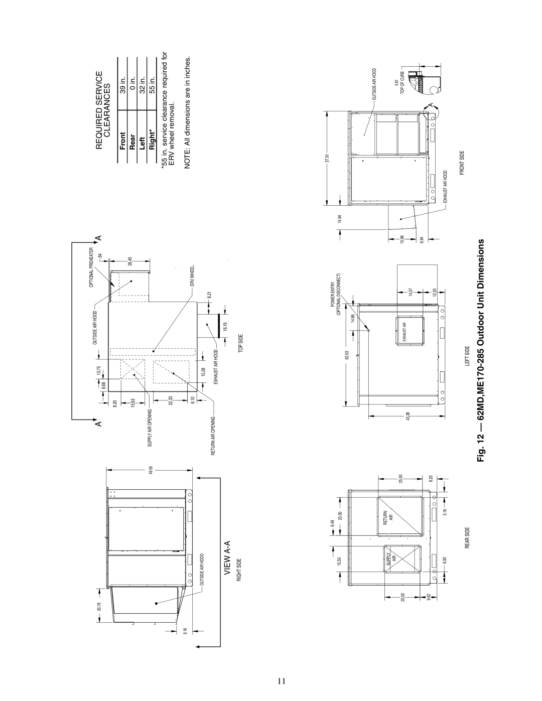 Carrier 62MB, 62ME, 62MC specifications 62MD,ME170-285 Outdoor Unit Dimensions 