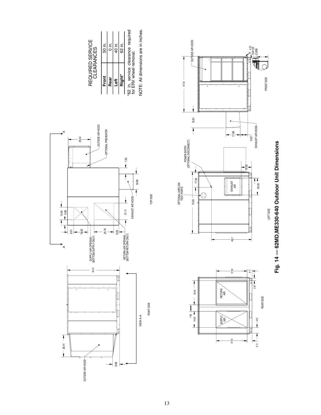 Carrier 62MC, 62ME, 62MB specifications 62MD,ME330-640 Outdoor Unit Dimensions 