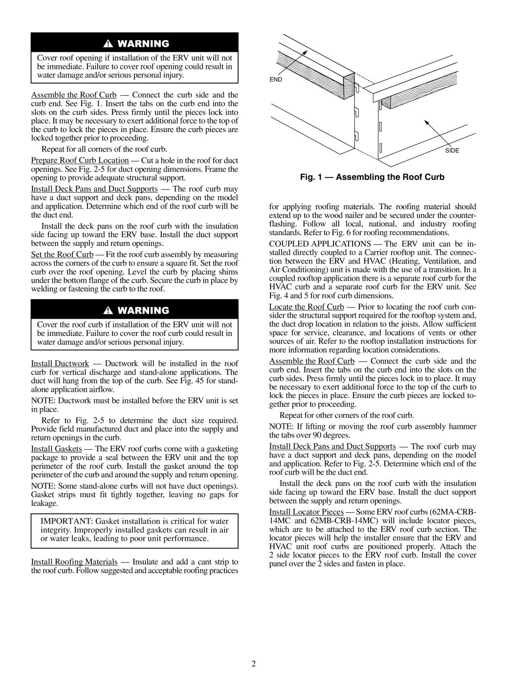 Carrier 62MD, 62ME, 62MC, 62MB specifications Assembling the Roof Curb 