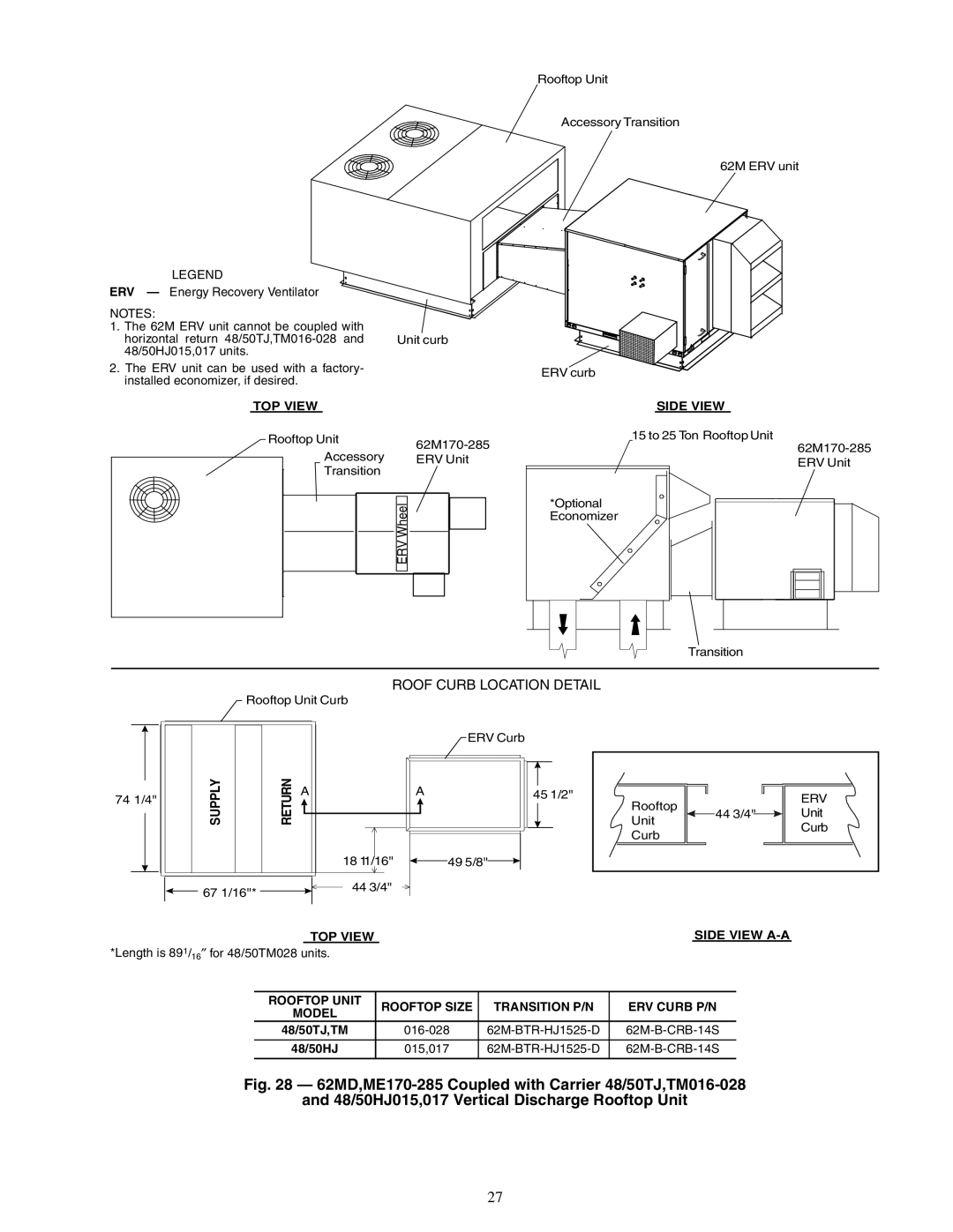 Carrier 62MB, 62ME, 62MC, 62MD specifications Length is 891/16″ for 48/50TM028 units, 62M-BTR-HJ1525-D 62M-B-CRB-14S, 48/50HJ 