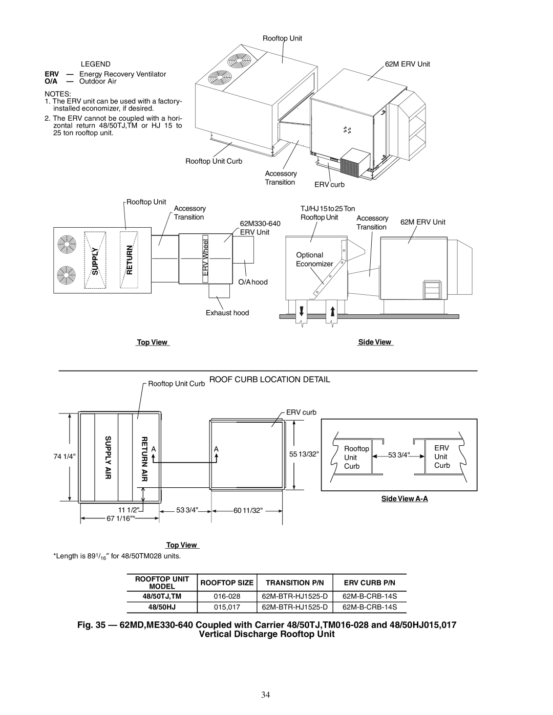 Carrier 62MD Transition Rooftop Unit Accessory 62M ERV Unit 62M330-640, Optional Economizer Hood Exhaust hood, 74 1/4 