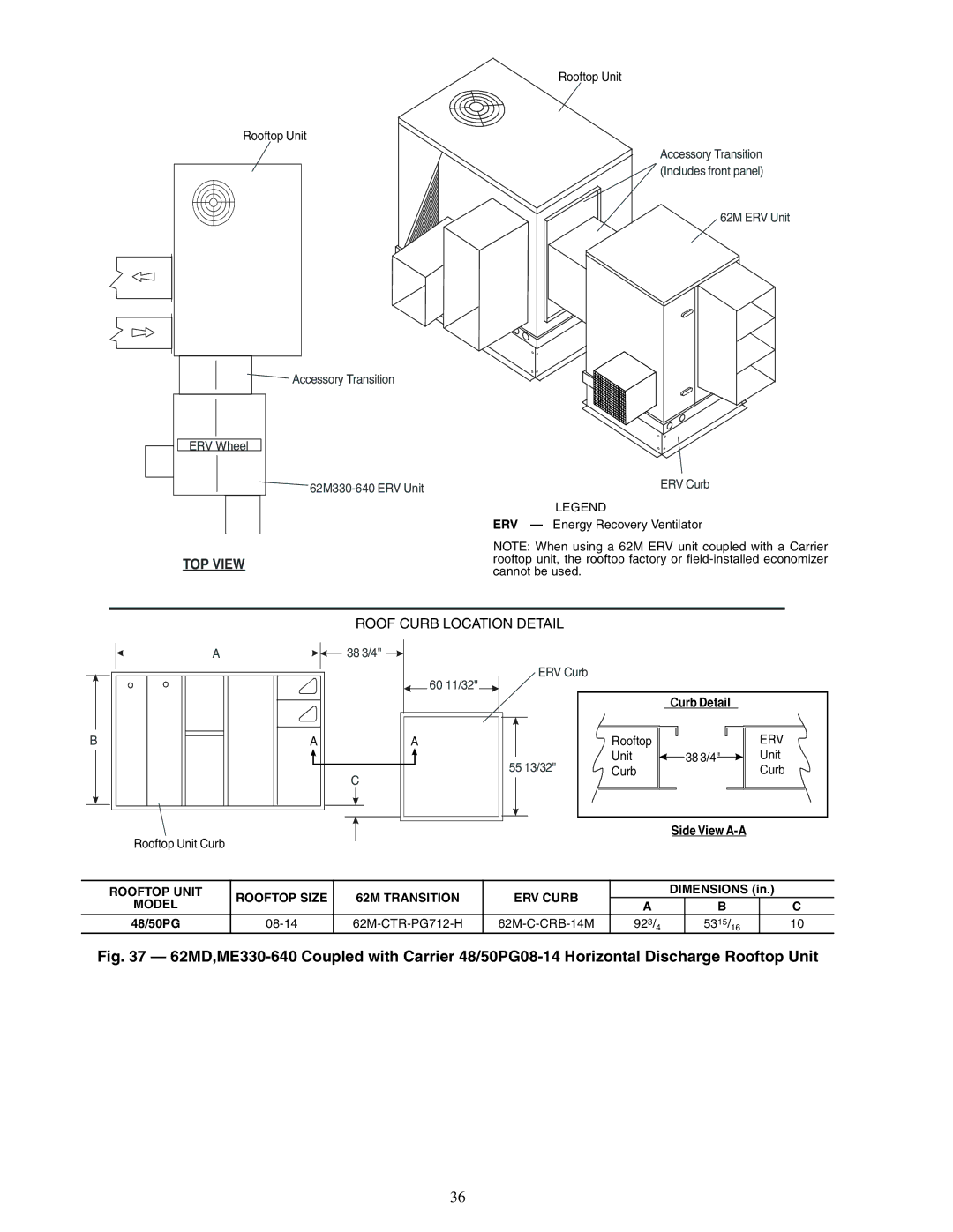 Carrier 62ME, 62MC, 62MD, 62MB specifications 62M ERV Unit ERV Curb ERV Energy Recovery Ventilator, 60 11/32 ERV Curb 