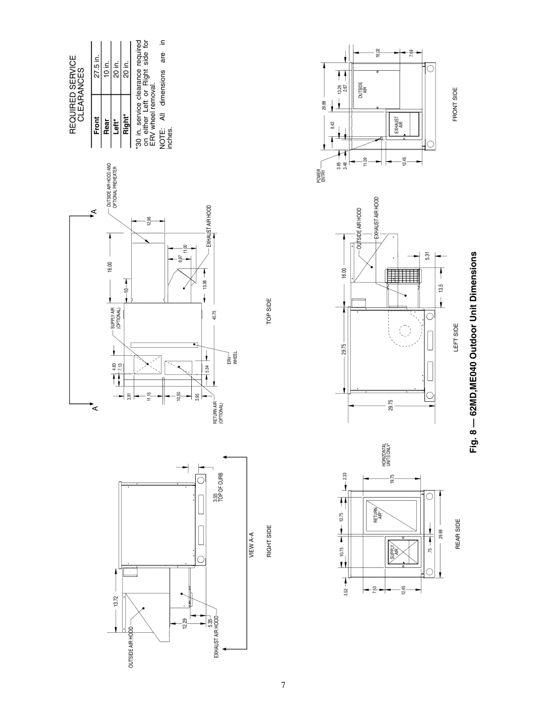 Carrier 62MB, 62ME, 62MC specifications 62MD,ME040 Outdoor Unit Dimensions, Front 27.5 Rear Left Right 