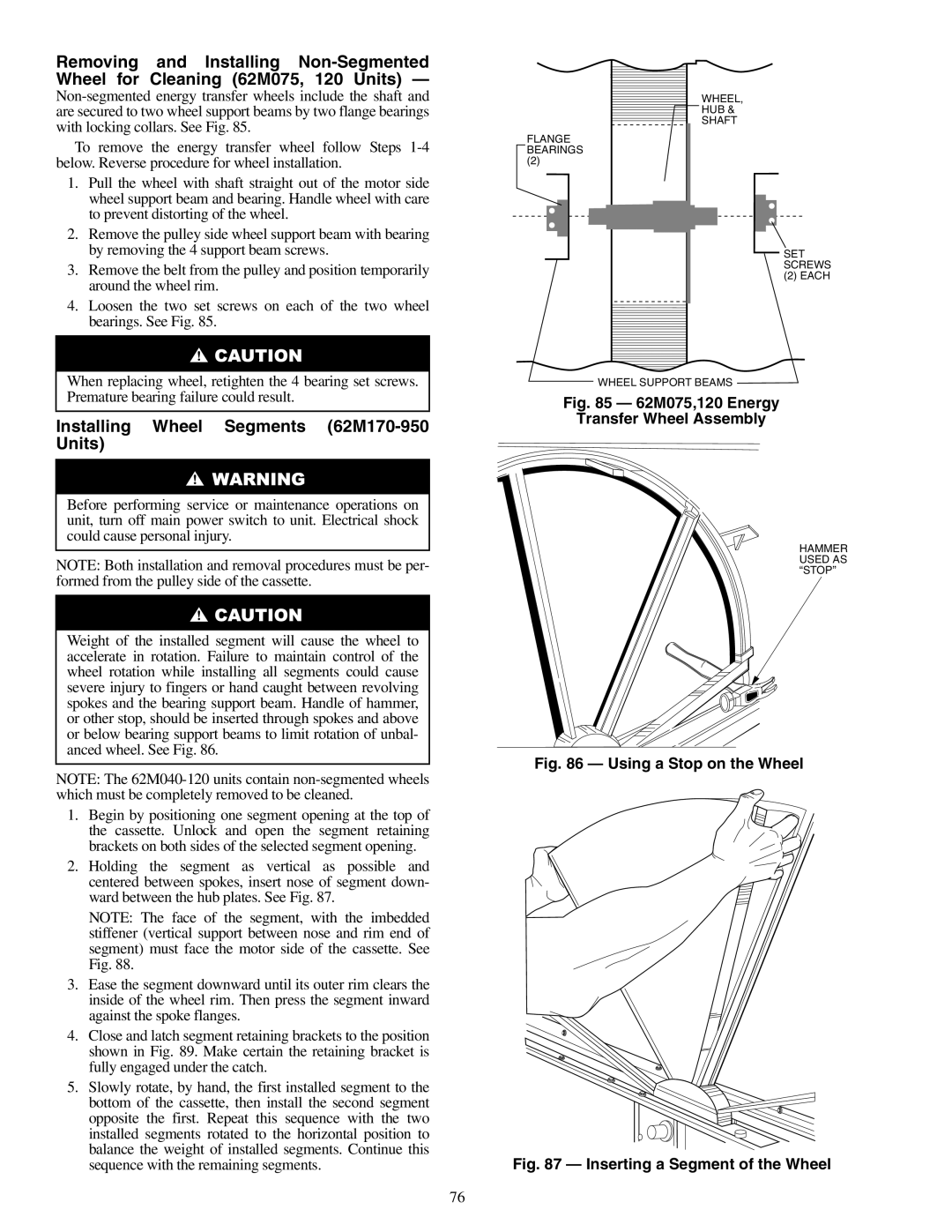 Carrier 62ME, 62MC, 62MD, 62MB specifications Installing Wheel Segments 62M170-950 Units 