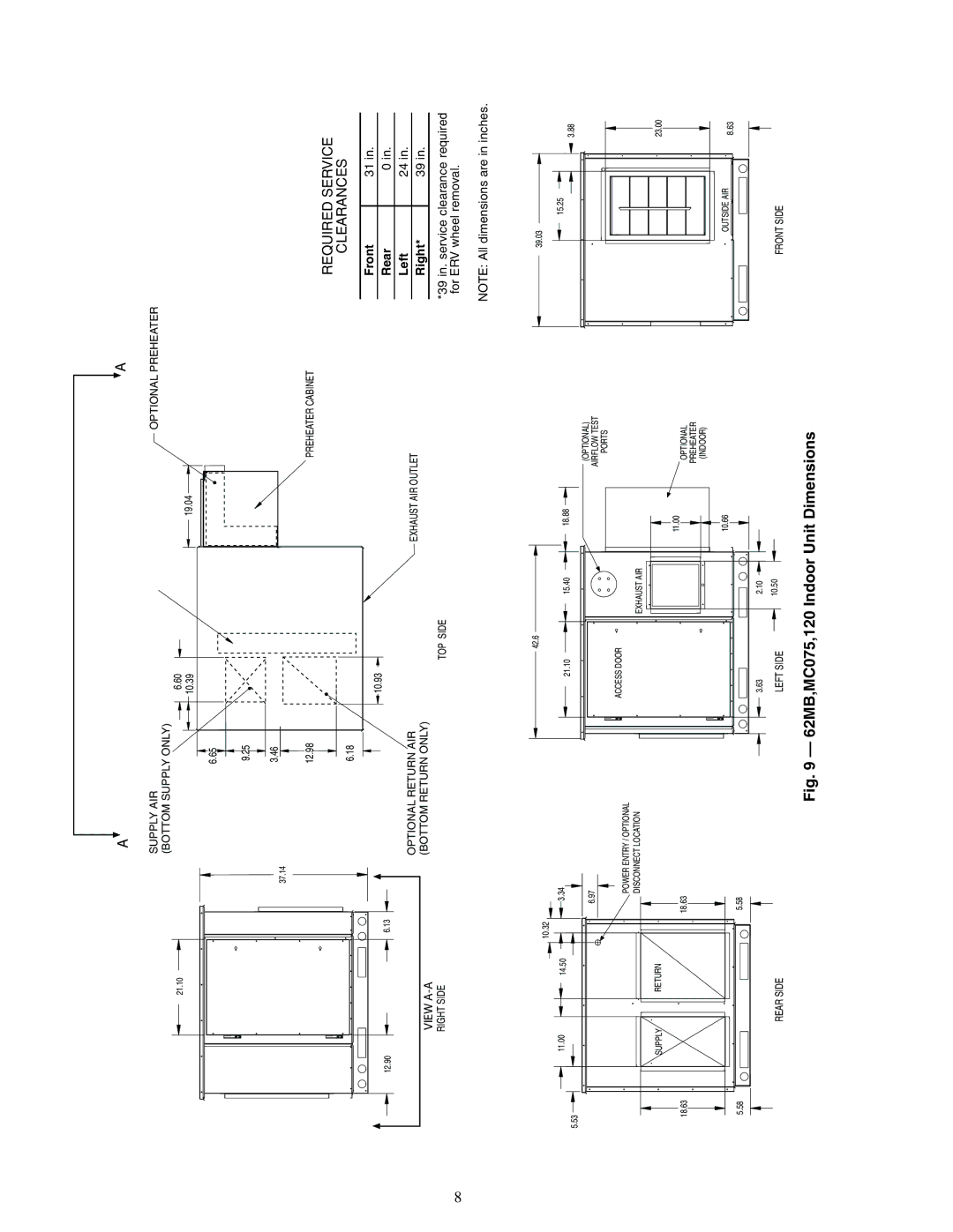 Carrier 62ME, 62MC, 62MD 62MB,MC075,120 Indoor Unit Dimensions, 39 in. service clearance required for ERV wheel removal 