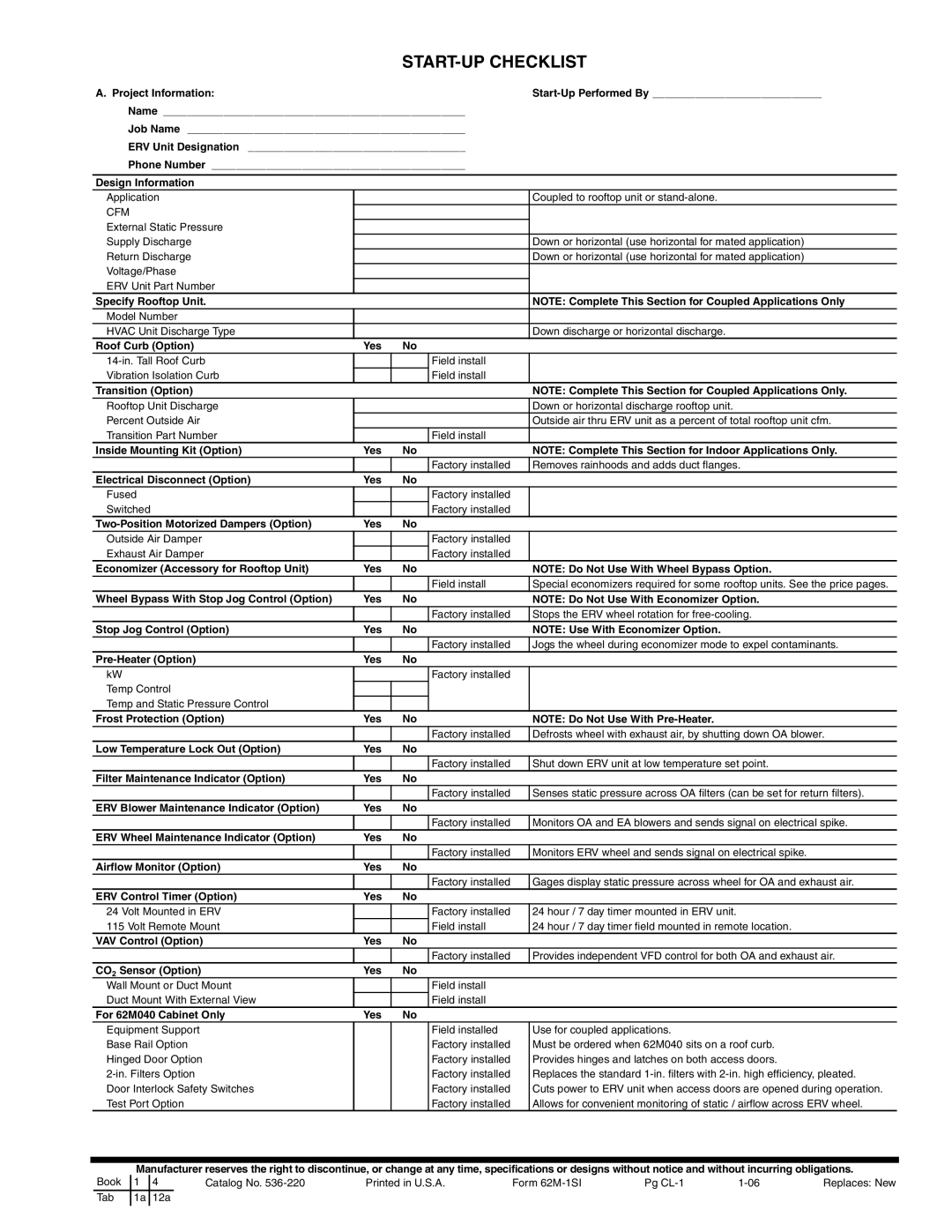 Carrier 62MD, 62ME, 62MC, 62MB specifications START-UP Checklist 