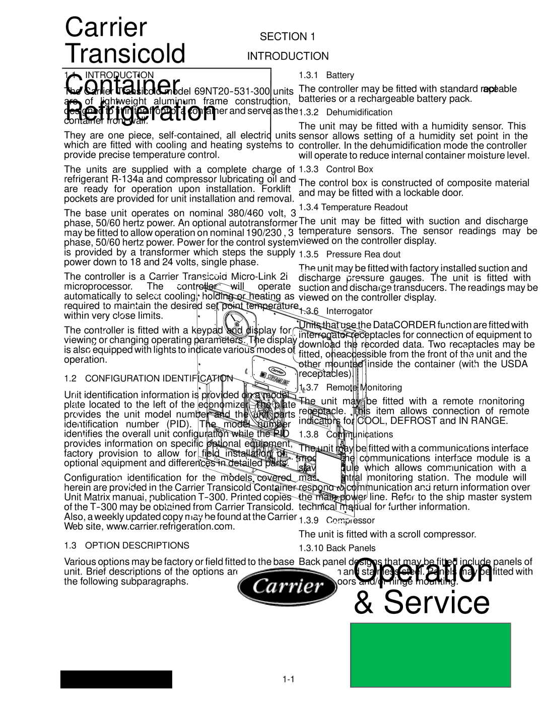 Carrier 69NT20-531-300 manual Section Introduction, Unit is fitted with a scroll compressor 