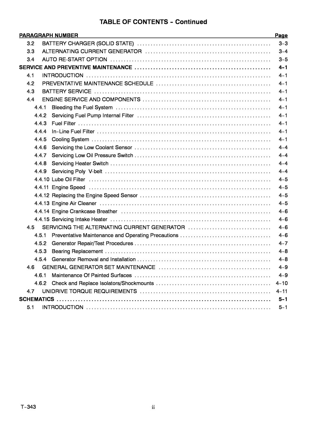 Carrier 69UG15 manual TABLE OF CONTENTS - Continued, 4--1, 5--1, Paragraph Number, Page 
