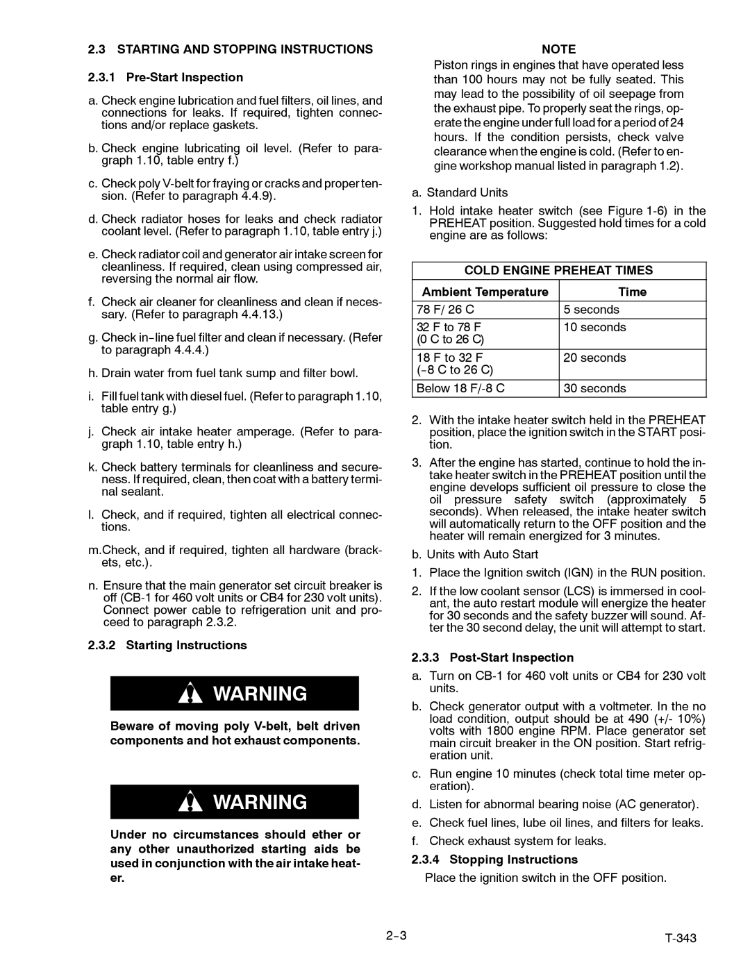 Carrier 69UG15 manual Starting and Stopping Instructions, Cold Engine Preheat Times 