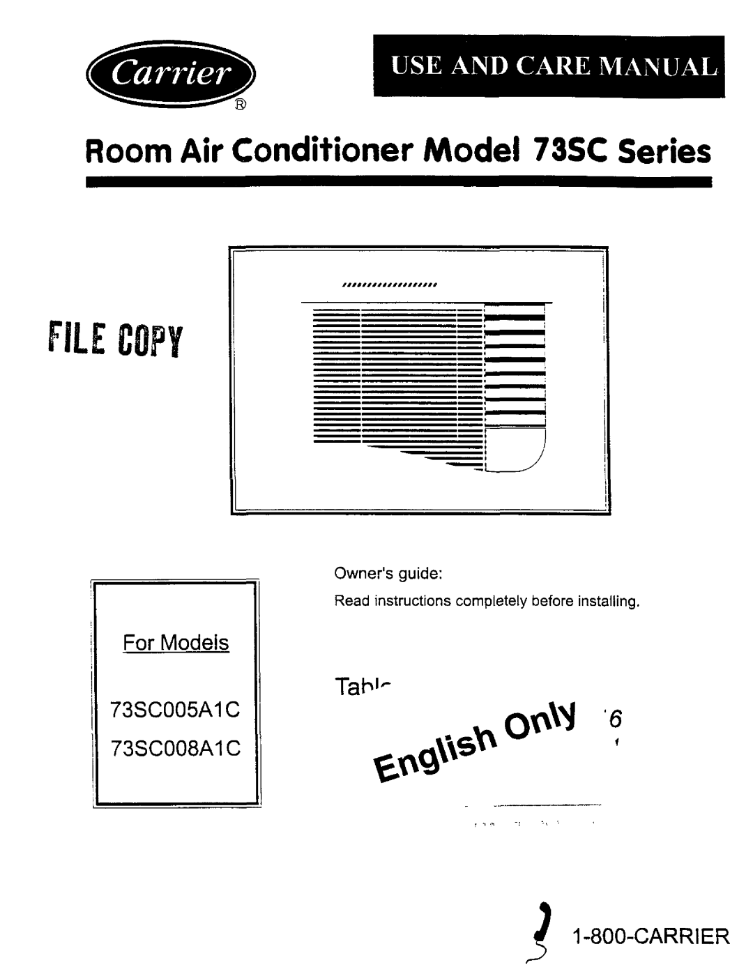 Carrier 73SC008A1C, 73SC005A1C manual 