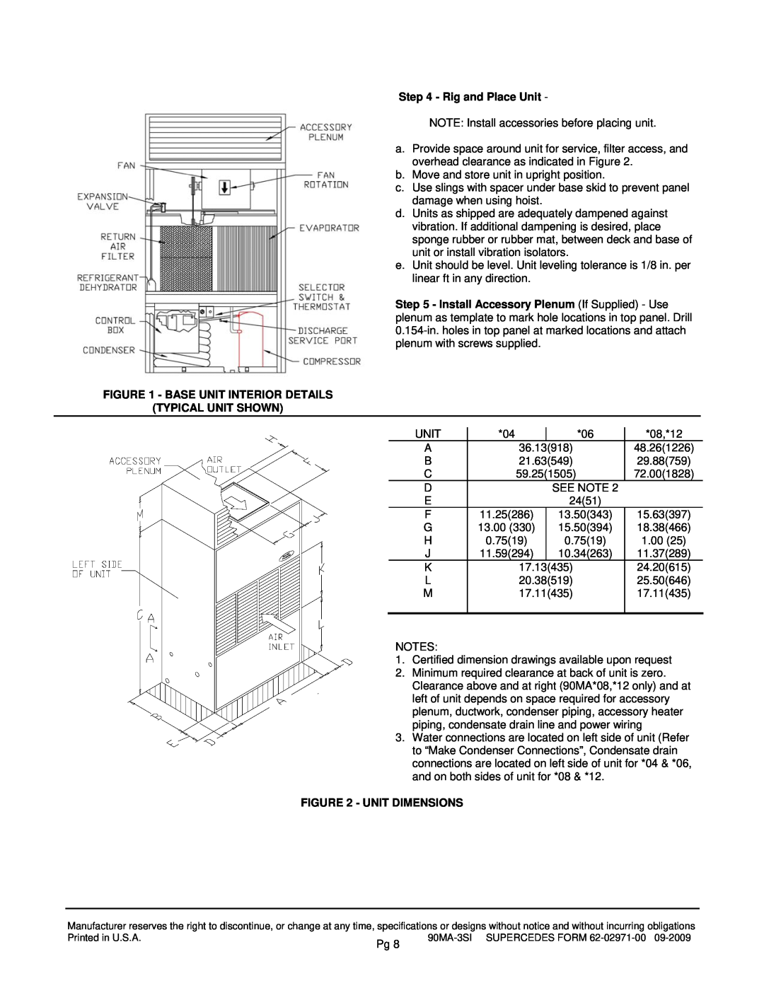 Carrier 90MA, 90MU specifications Rig and Place Unit, Base Unit Interior Details, Typical Unit Shown, Unit Dimensions 