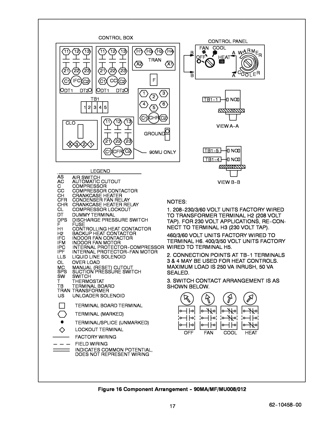 Carrier 90MA/MF/MU manual CONNECTION POINTS AT TB--1TERMINALS, Switch Contact Arrangement Is As Shown Below, 62--10458--00 
