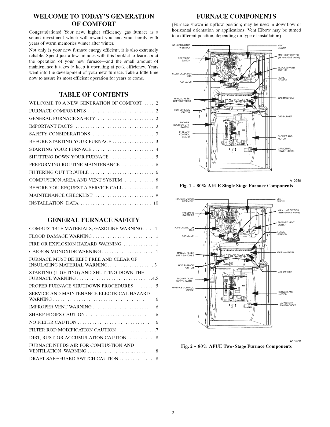 Carrier A10247 owner manual Welcome to Todays Generation Comfort, Furnace Components, Contents, General Furnace Safety 