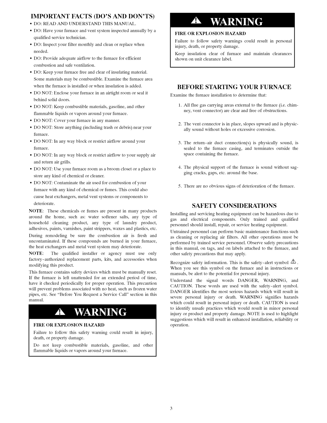 Carrier A10247 owner manual Important Facts DOS and Donts, Before Starting Your Furnace, Safety Considerations 