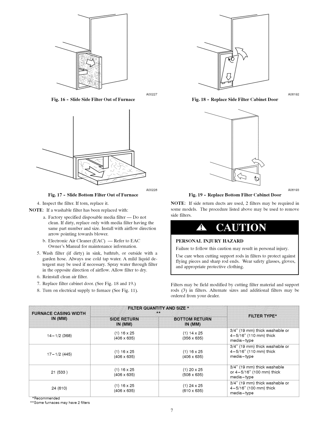 Carrier A10247 owner manual Slide Side Filter Out of Furnace, Personal Injury Hazard 