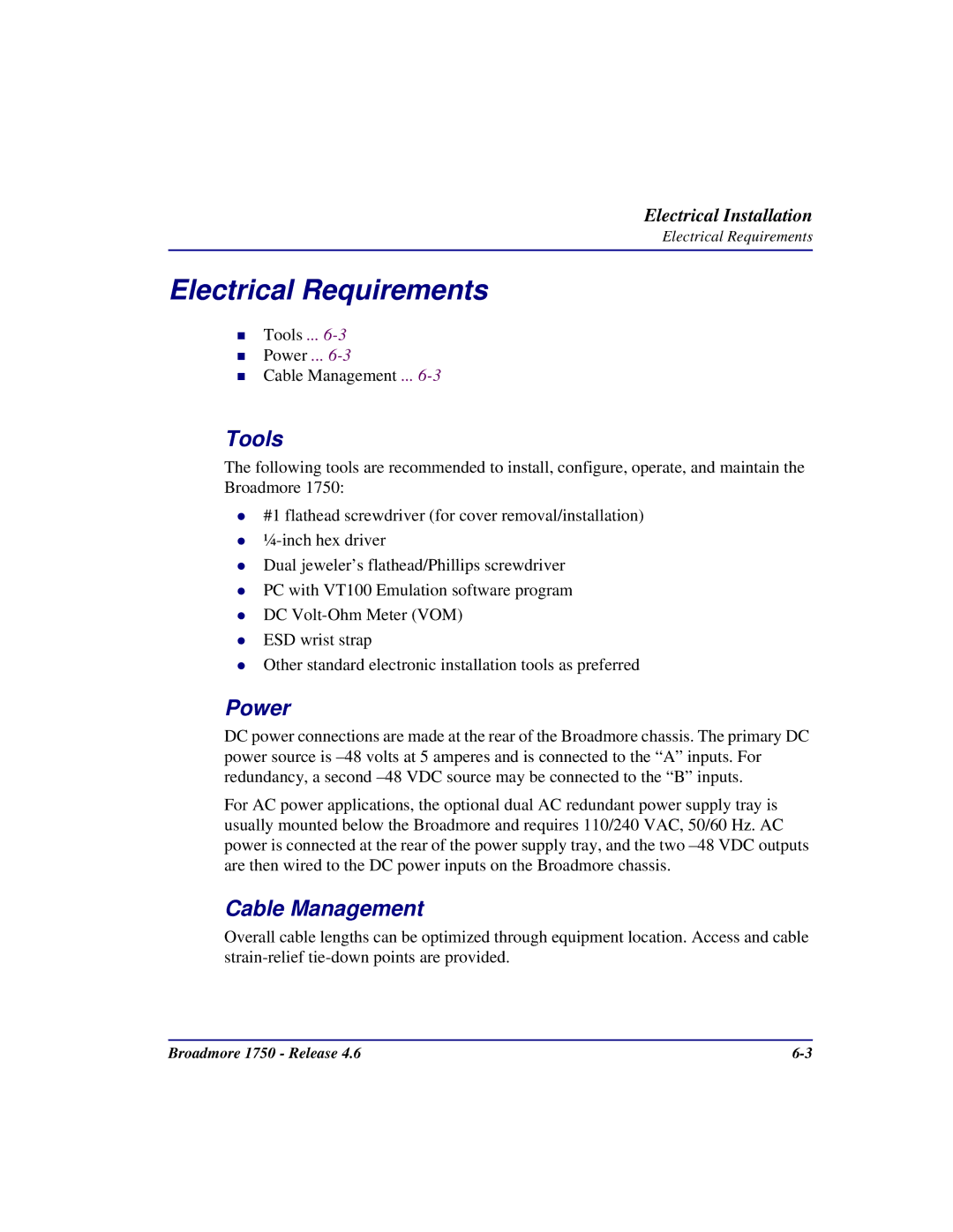 Carrier Access 1750 user manual Electrical Requirements, Power, Cable Management 