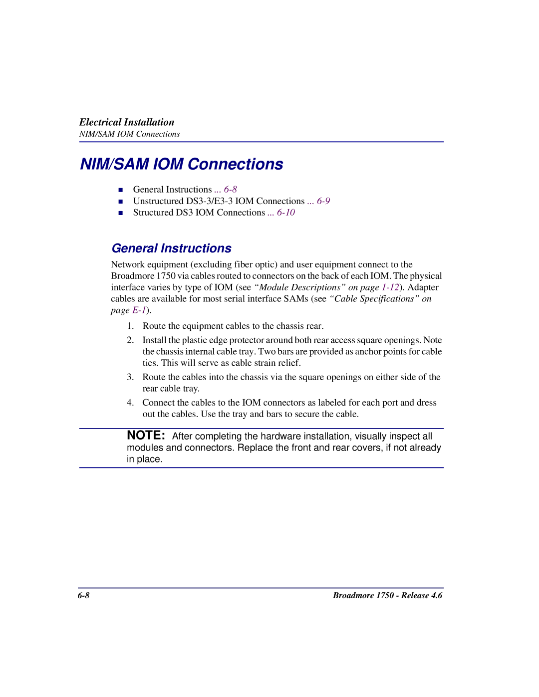 Carrier Access 1750 user manual NIM/SAM IOM Connections, General Instructions 