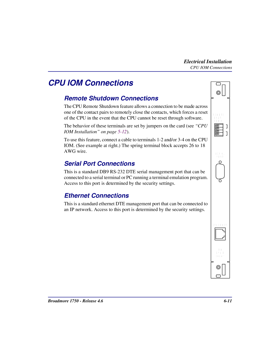 Carrier Access 1750 CPU IOM Connections, Remote Shutdown Connections, Serial Port Connections, Ethernet Connections 