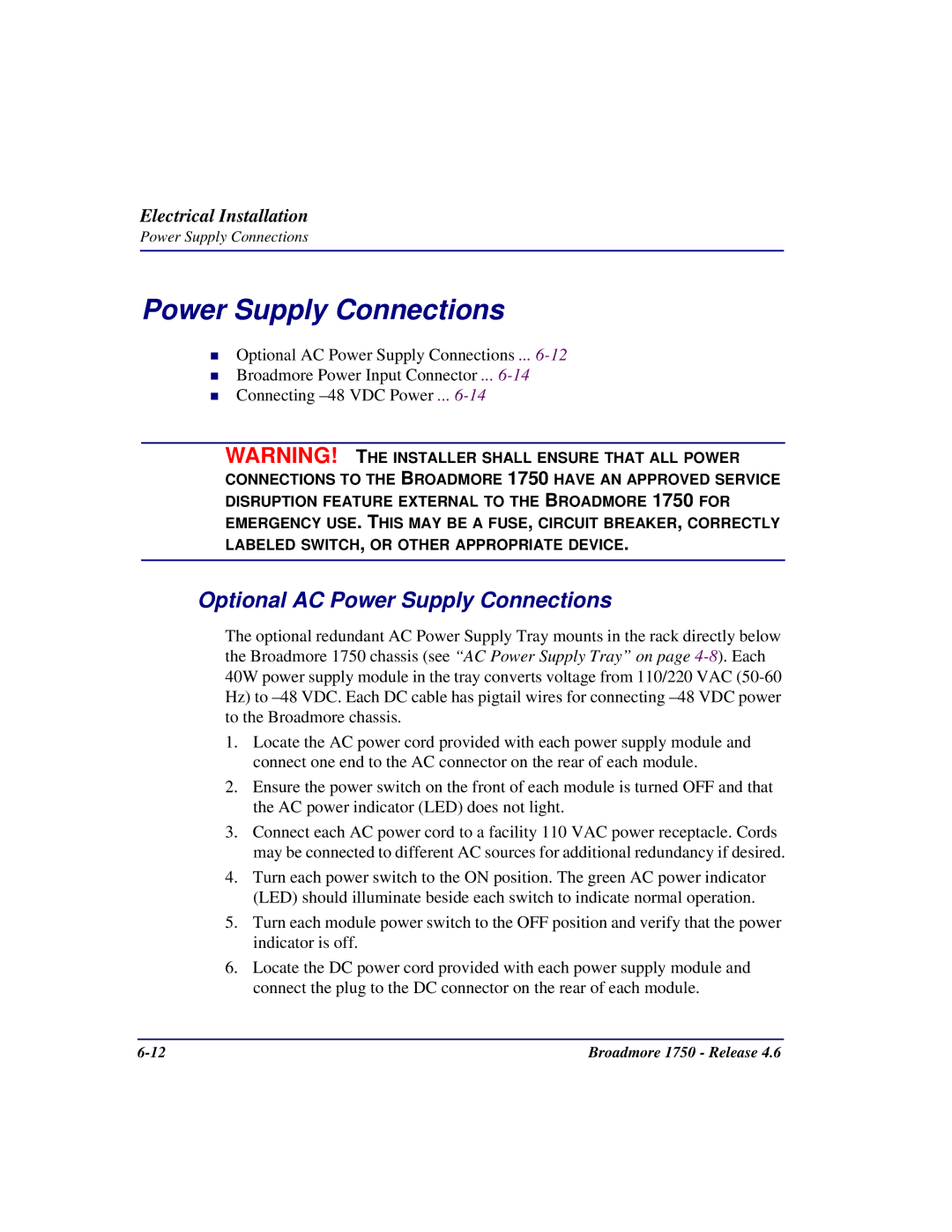 Carrier Access 1750 user manual Optional AC Power Supply Connections 