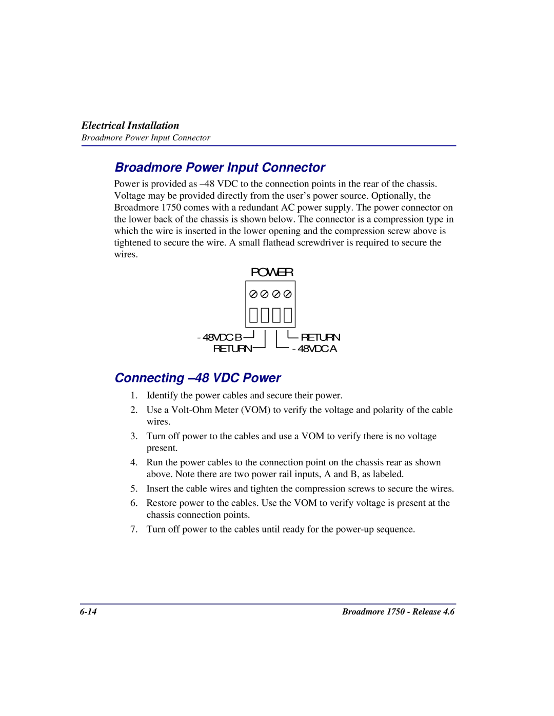 Carrier Access 1750 user manual Broadmore Power Input Connector, Connecting -48 VDC Power 