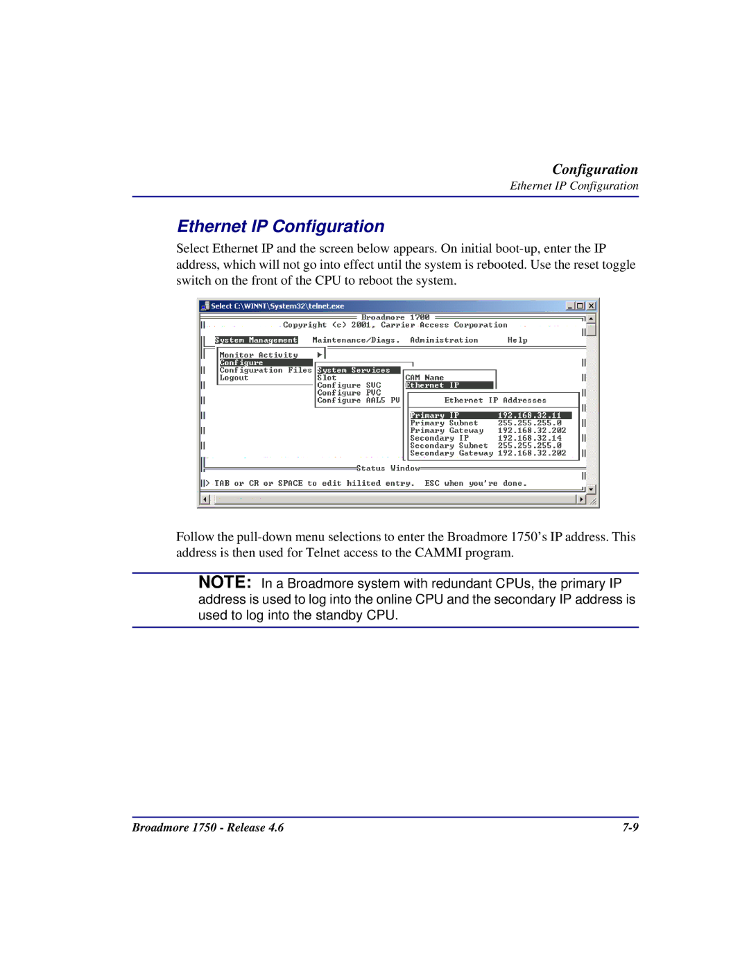 Carrier Access 1750 user manual Ethernet IP Configuration 