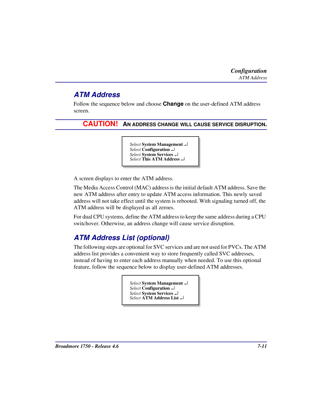 Carrier Access 1750 user manual ATM Address List optional 