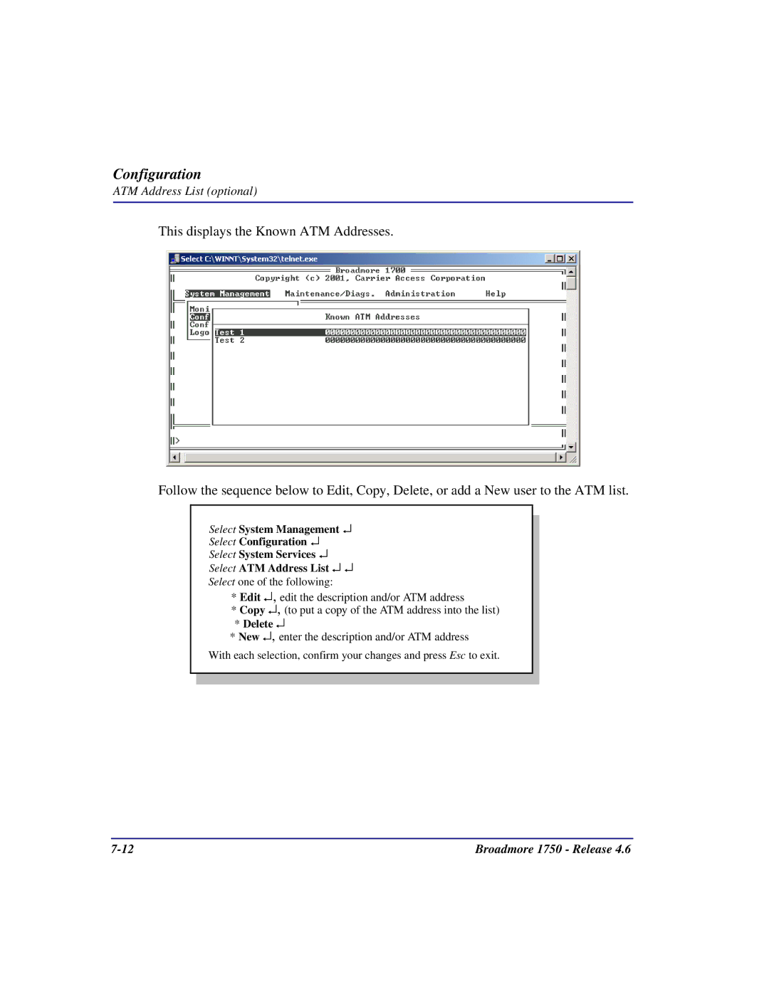 Carrier Access 1750 user manual ATM Address List optional 