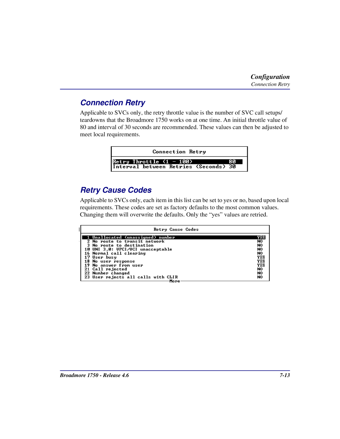 Carrier Access 1750 user manual Connection Retry, Retry Cause Codes 