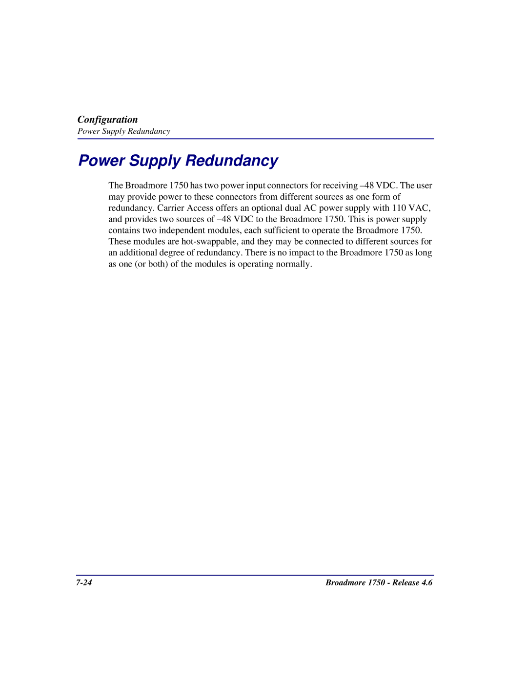 Carrier Access 1750 user manual Power Supply Redundancy 