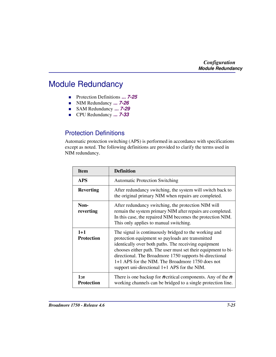 Carrier Access 1750 user manual Module Redundancy, Protection Definitions 