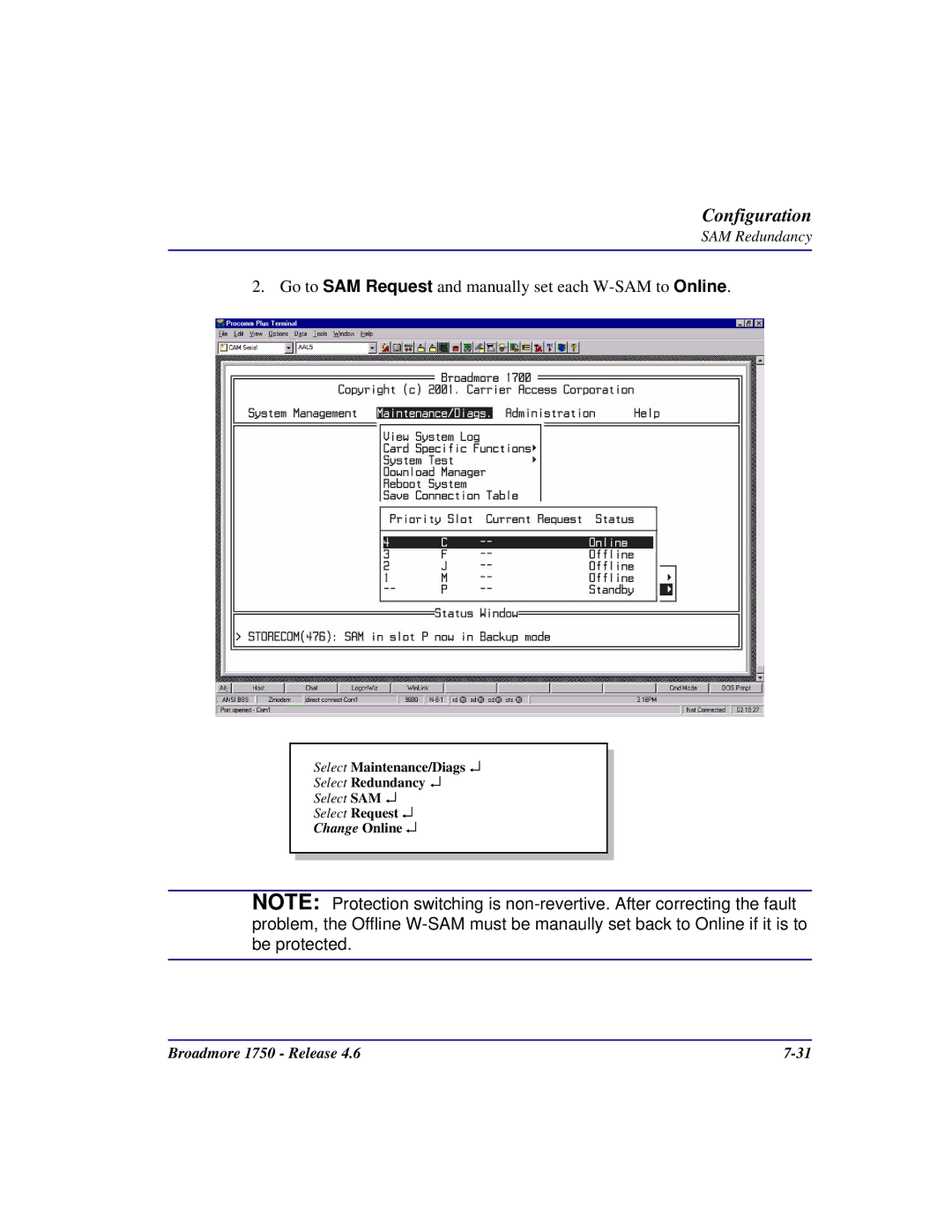 Carrier Access 1750 user manual Go to SAM Request and manually set each W-SAM to Online 