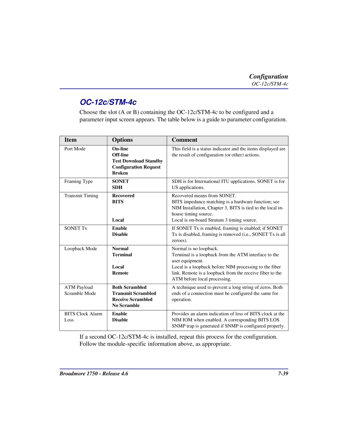 Carrier Access 1750 user manual OC-12c/STM-4c, Options Comment 