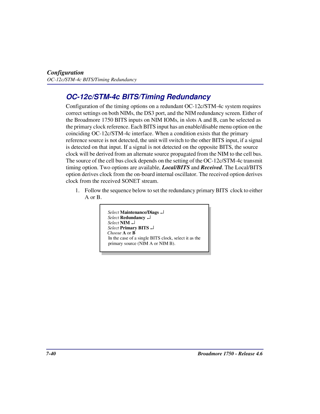 Carrier Access 1750 user manual OC-12c/STM-4c BITS/Timing Redundancy 