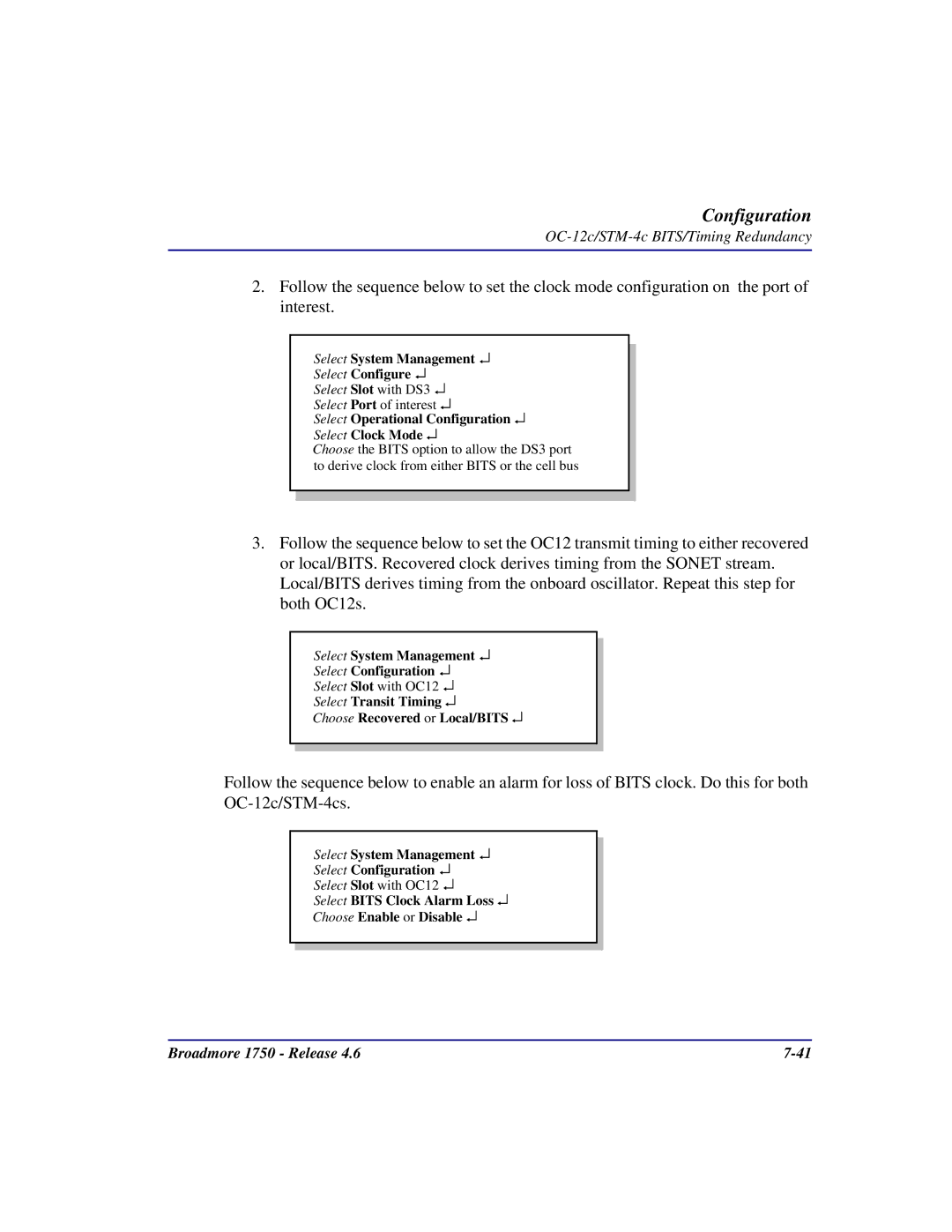 Carrier Access 1750 user manual Select System Management Select Configuration 